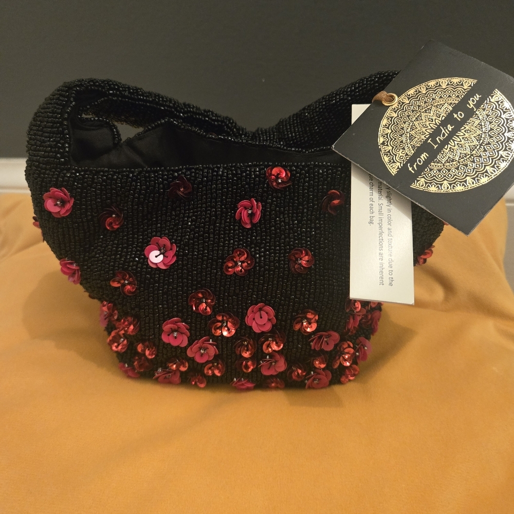 From India To You Elegant Black and Red Beaded Handbag